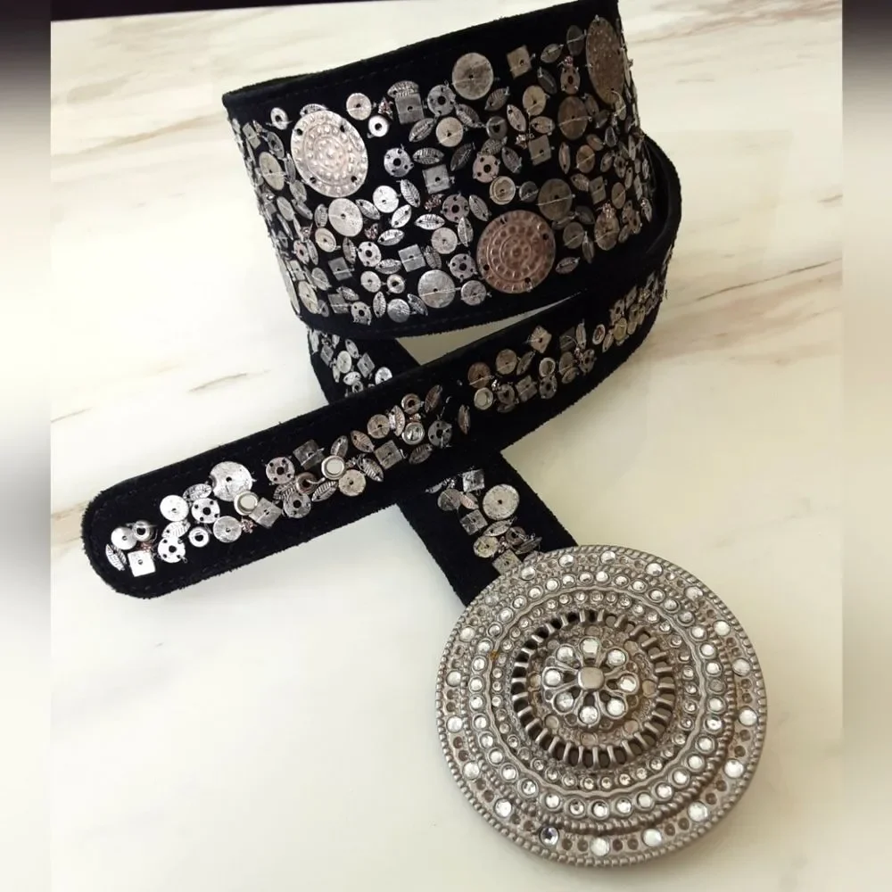CHICO'S Metal Embellished Black Suede Waist Cincher Belt Sz Large